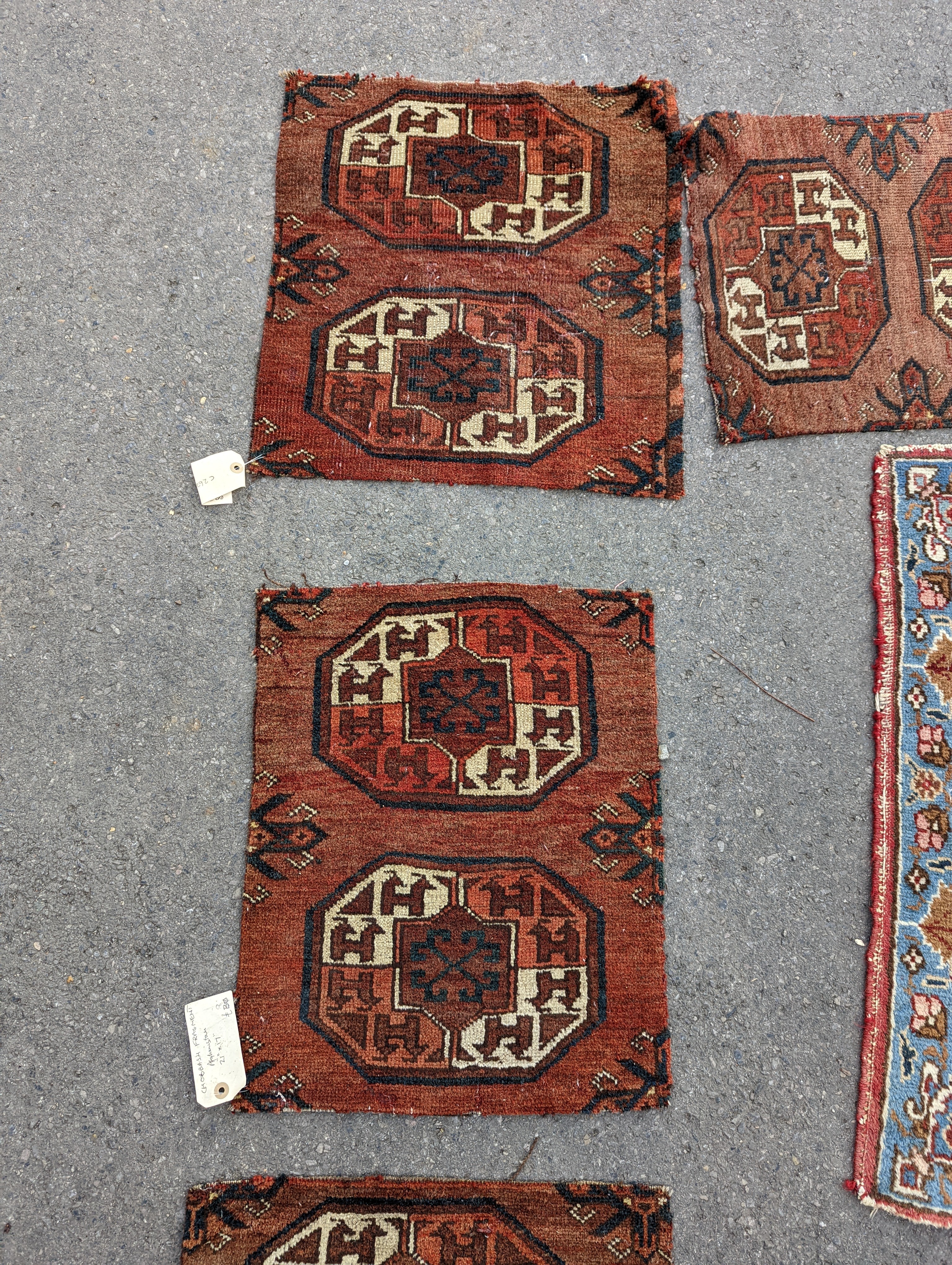 Nine Afghan, Persian and Chinese rug fragments.